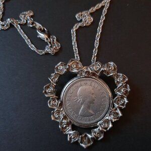 Vintage 50s Coin Necklace 1957 Six Pence in Heart of Flowers